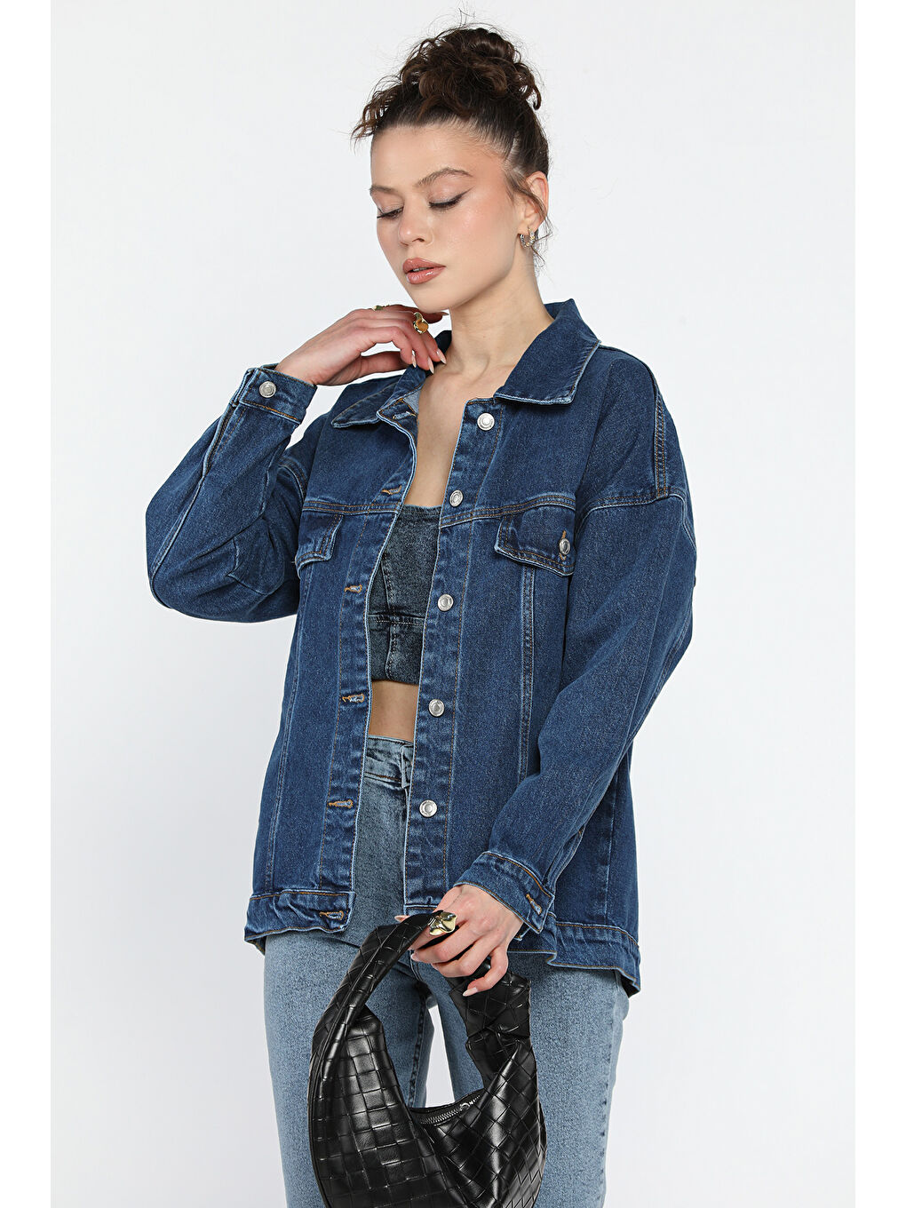 Gülseli Mavi Oversize Kadın Jean Jean Ceket