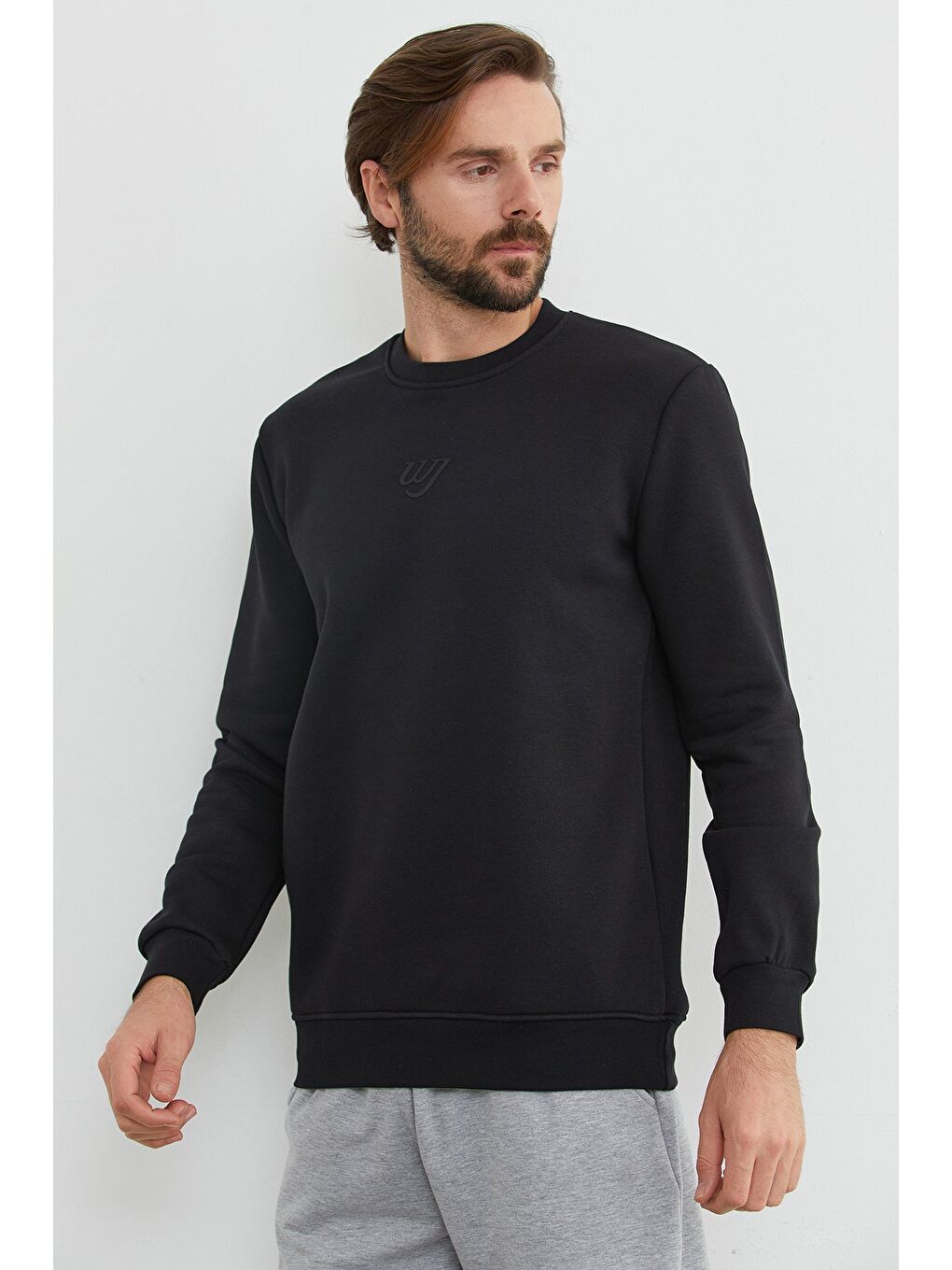 Siyah 3 İplik Baskılı Bisiklet Yaka Sweatshirt-1