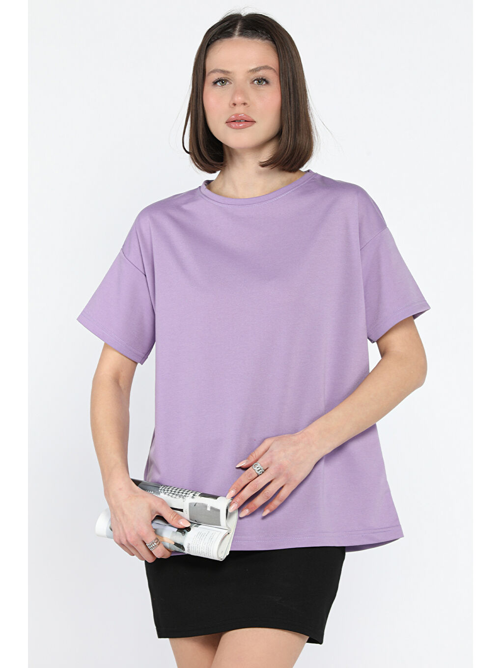 Lila Kadın Bisiklet Yaka Basic Tişört