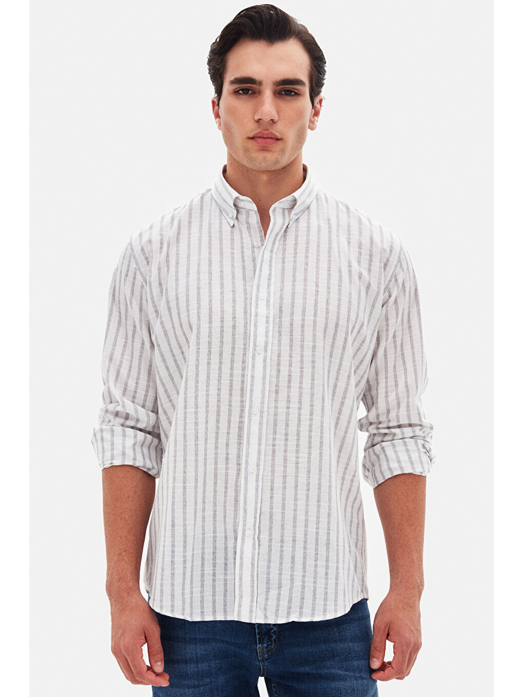 Ds Damat Slim Fit Gri Çizgili %100 Pamuk Yazlık Keten Gömlek