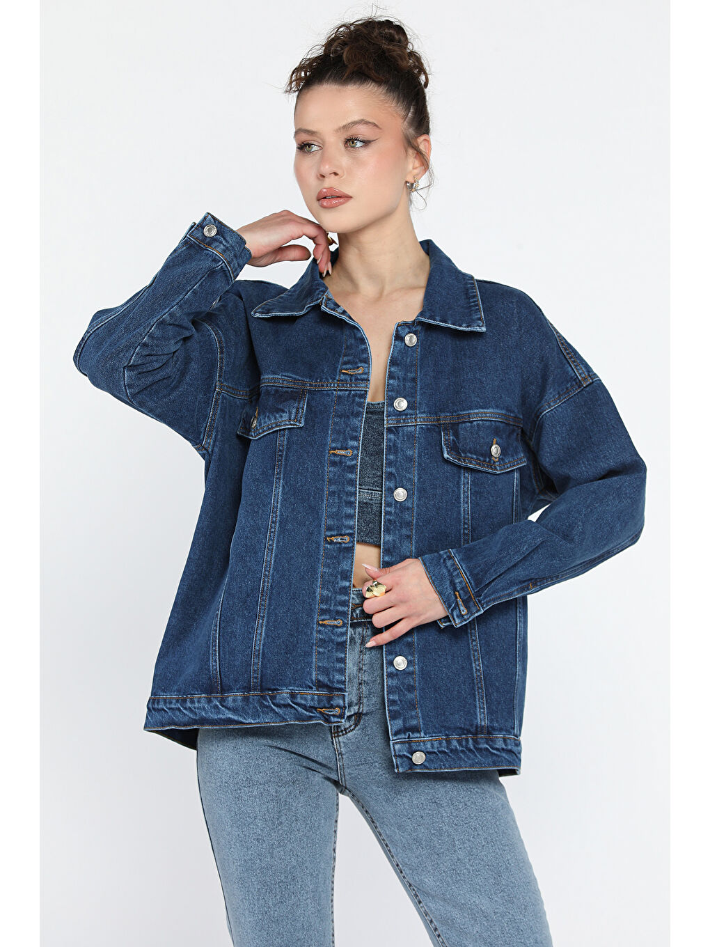 Gülseli Mavi Oversize Kadın Jean Jean Ceket - 1