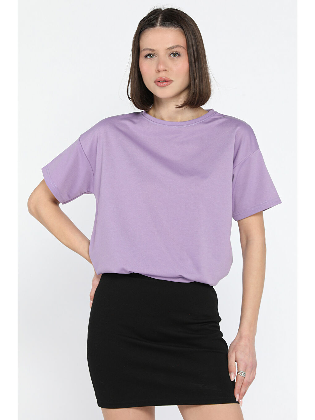 Lila Kadın Bisiklet Yaka Basic Tişört-1