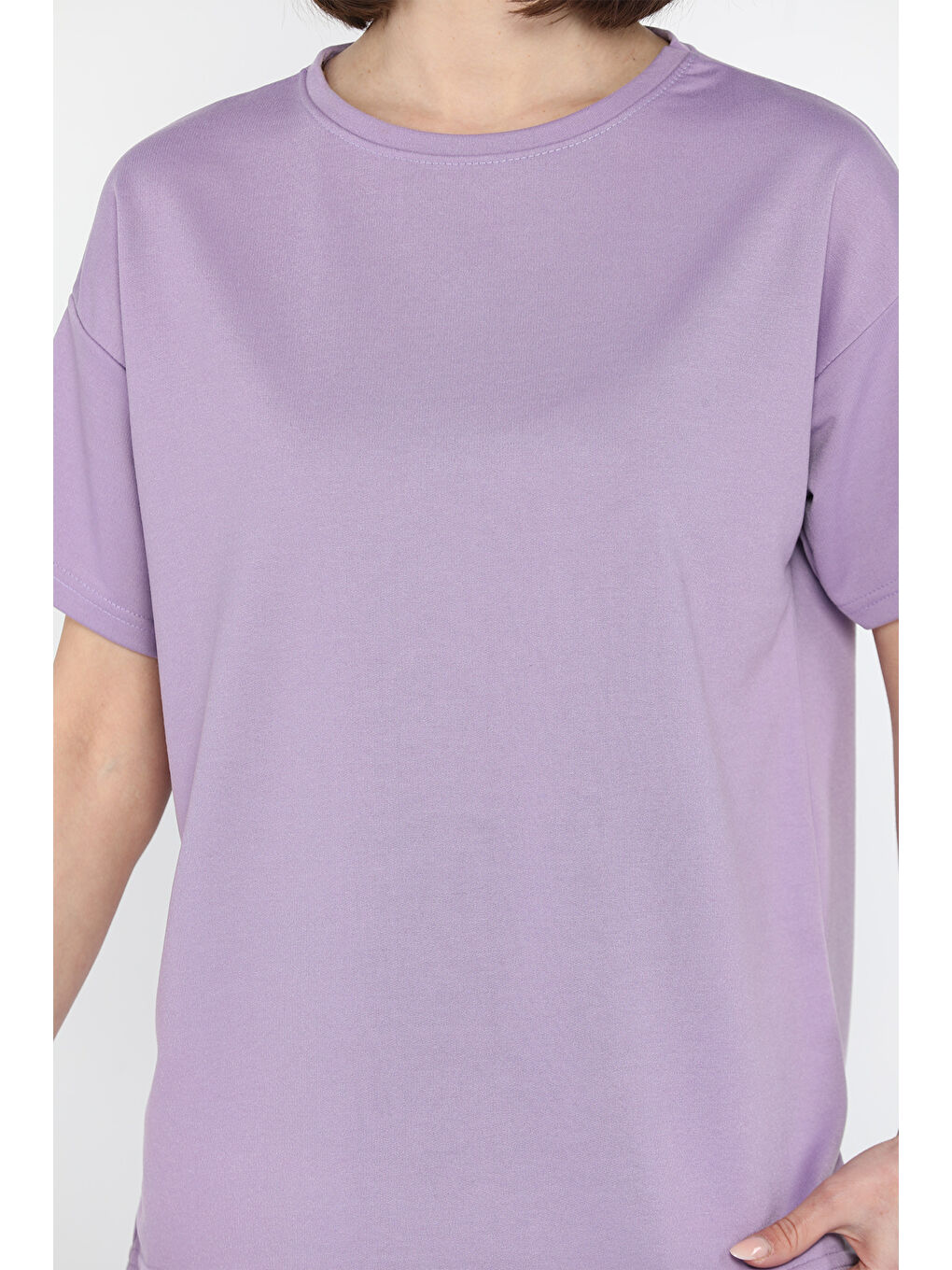 Lila Kadın Bisiklet Yaka Basic Tişört-3