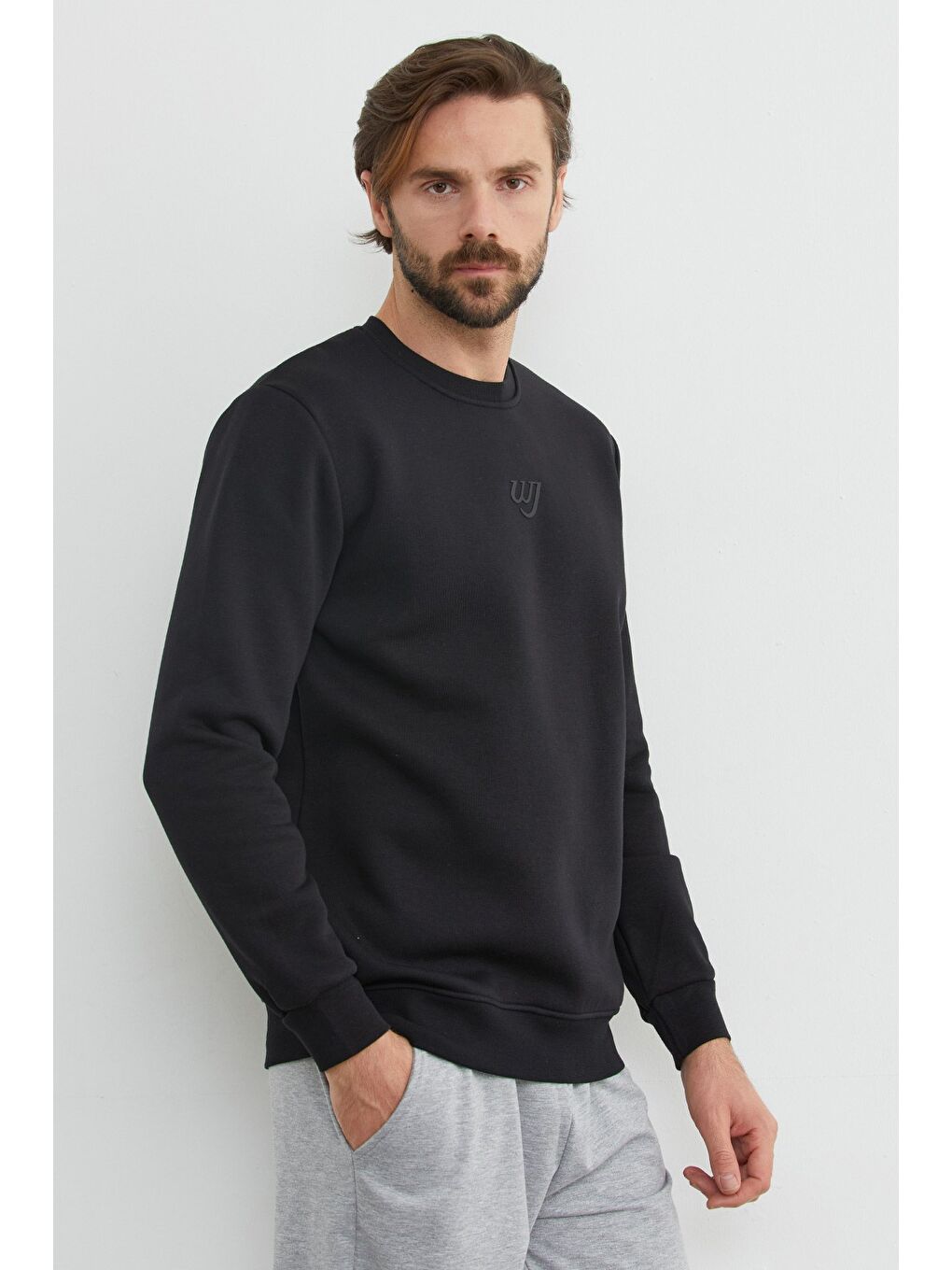 Siyah 3 İplik Baskılı Bisiklet Yaka Sweatshirt-3