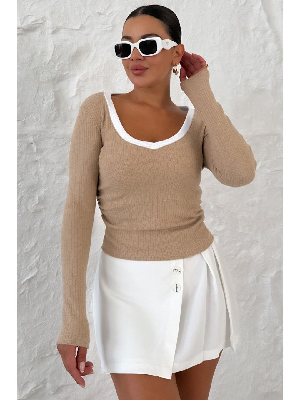 Kadın Bej V Yakalı Biyeli Uzun Kollu İnterlok Bluz-6
