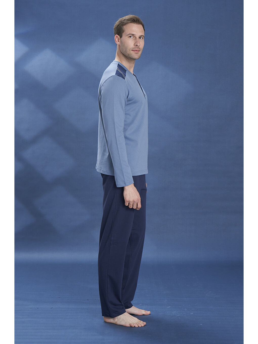 Büyük Beden Erkek Penye Uzun Kol Pijama Takımı 2104 İndigo-1