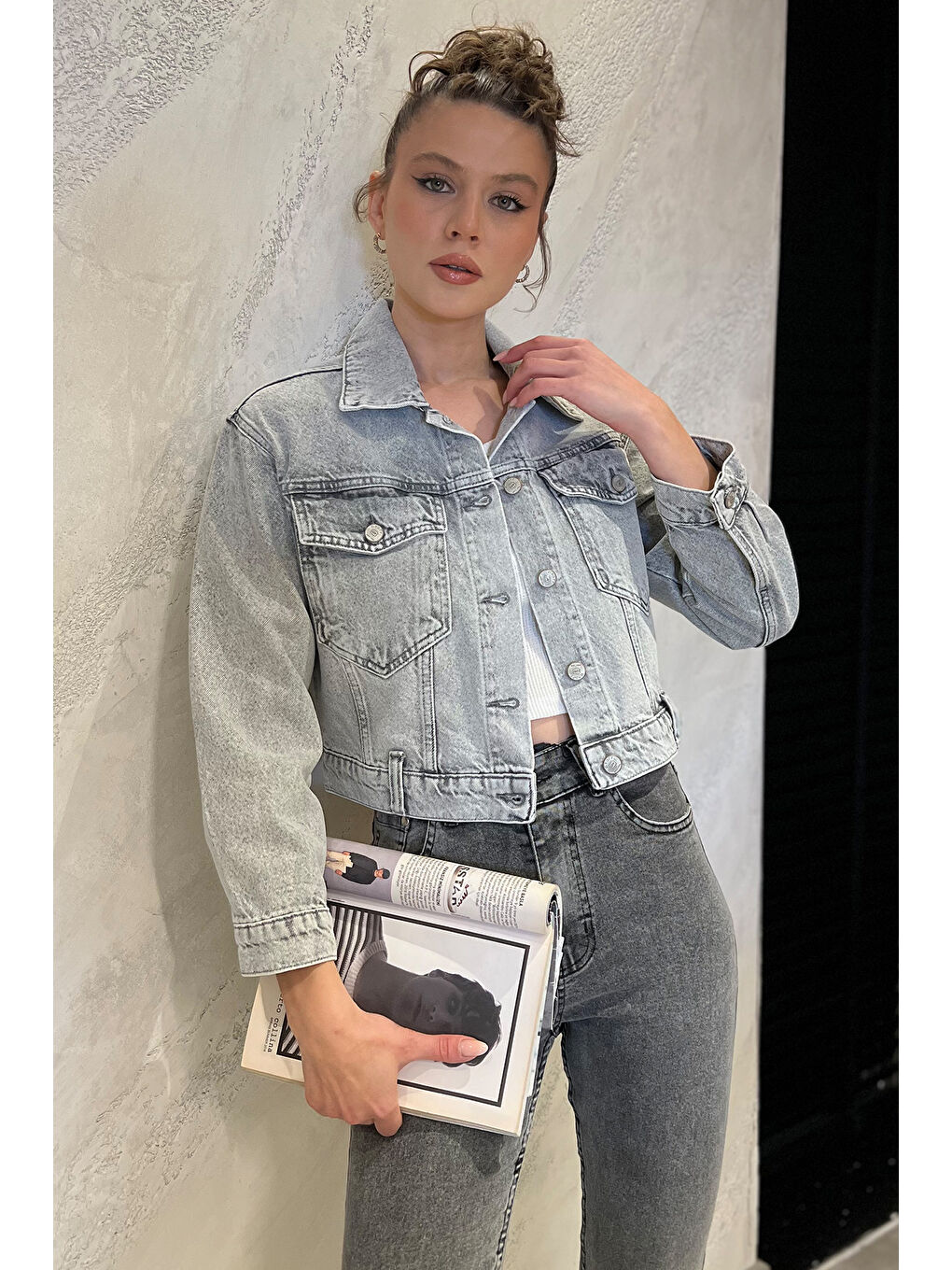Gri Kadın Slim Fit Jean Ceket