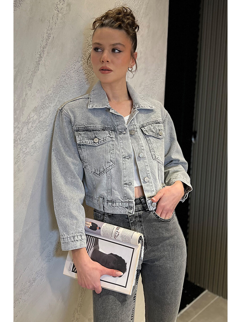 Gri Kadın Slim Fit Jean Ceket-1