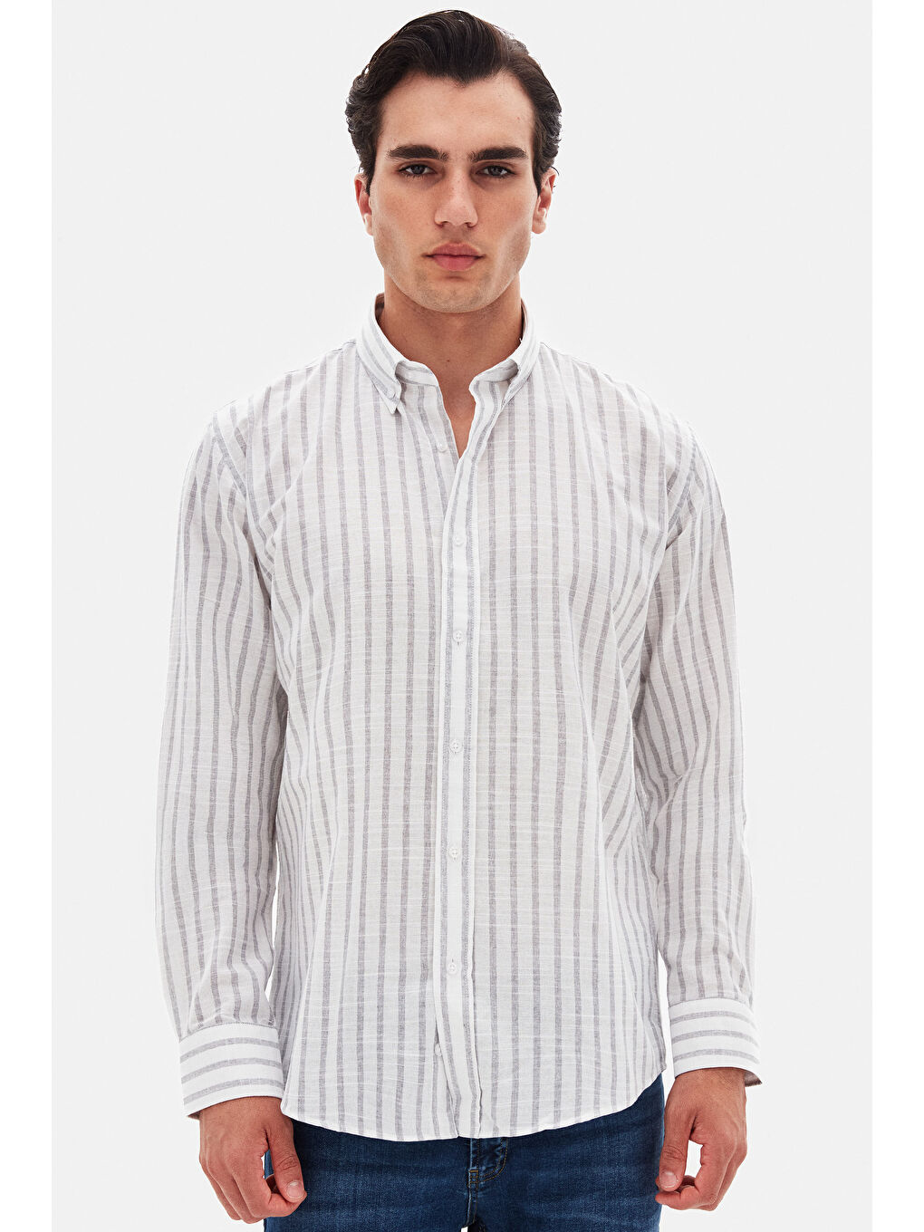 Ds Damat Slim Fit Gri Çizgili %100 Pamuk Yazlık Keten Gömlek-1