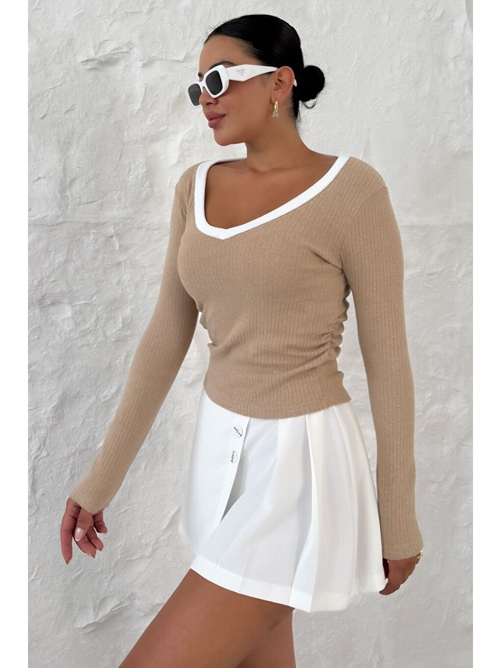 Kadın Bej V Yakalı Biyeli Uzun Kollu İnterlok Bluz-7