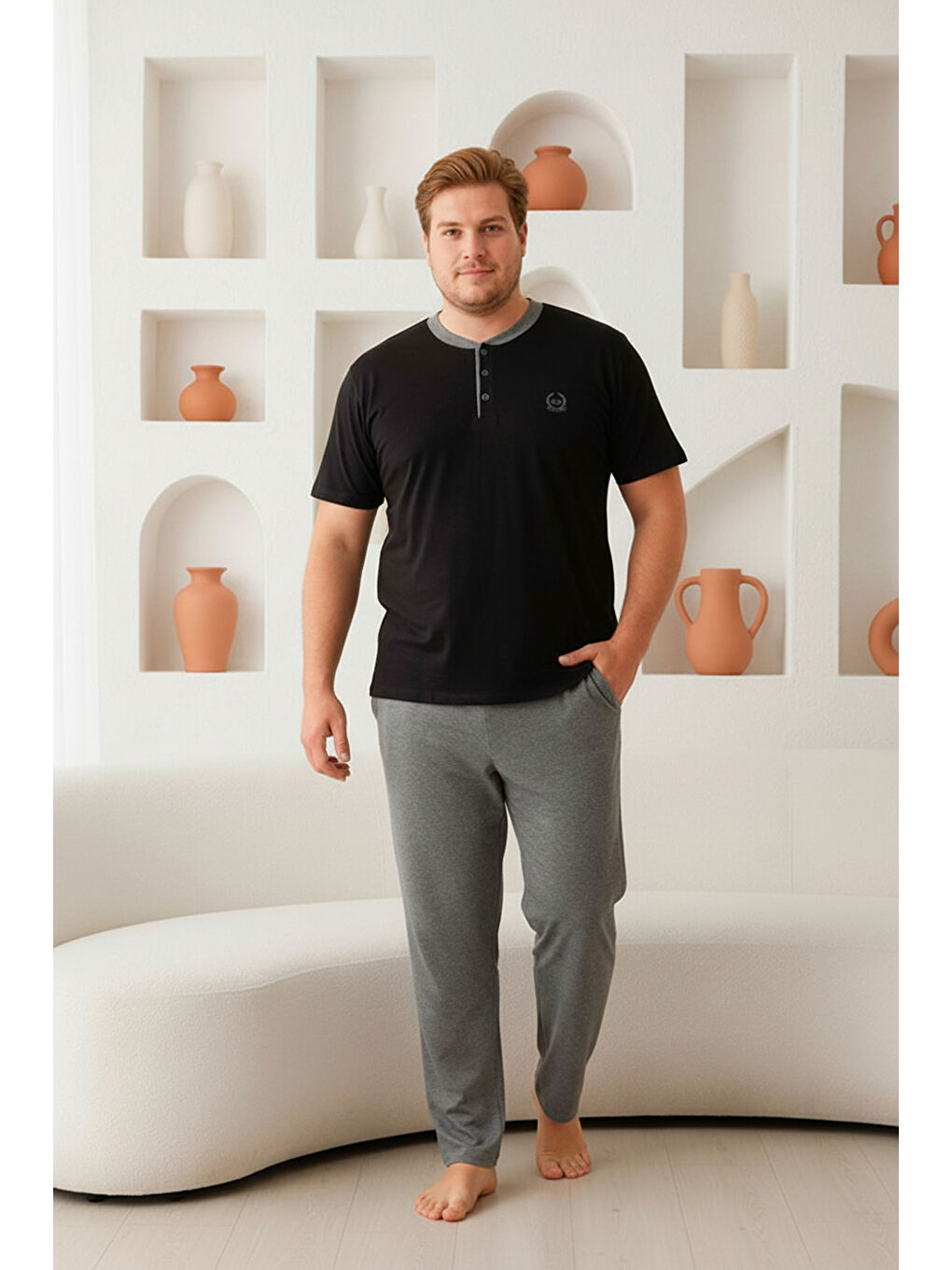 Siyah %100 Pamuklu Yakası Düğmeli Kısa Kollu Cepli Büyük Beden Erkek Pijama Takımı 2009