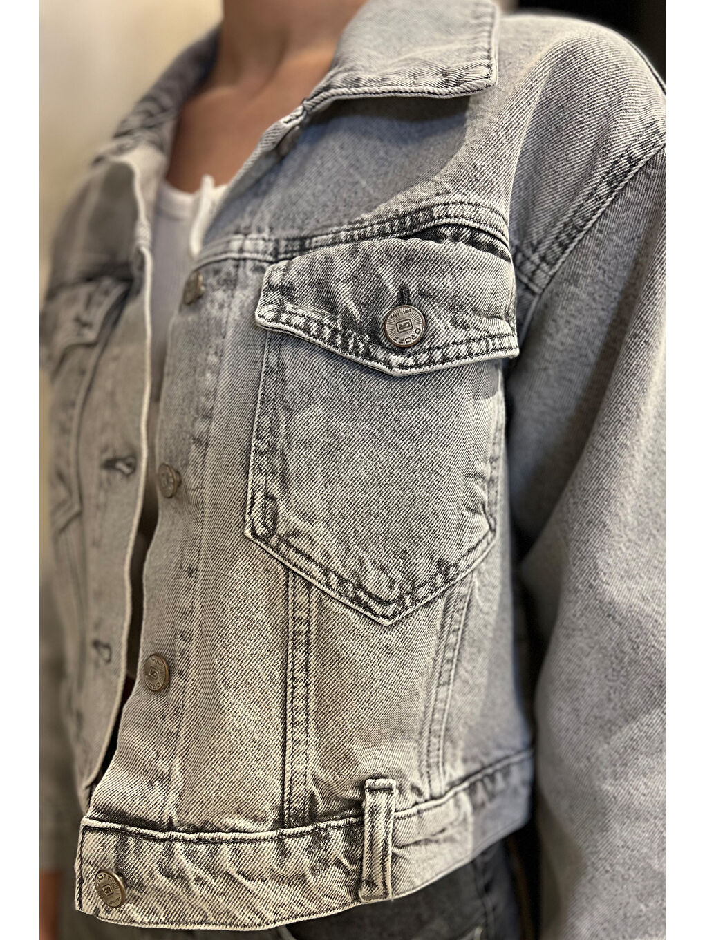 Gri Kadın Slim Fit Jean Ceket-2