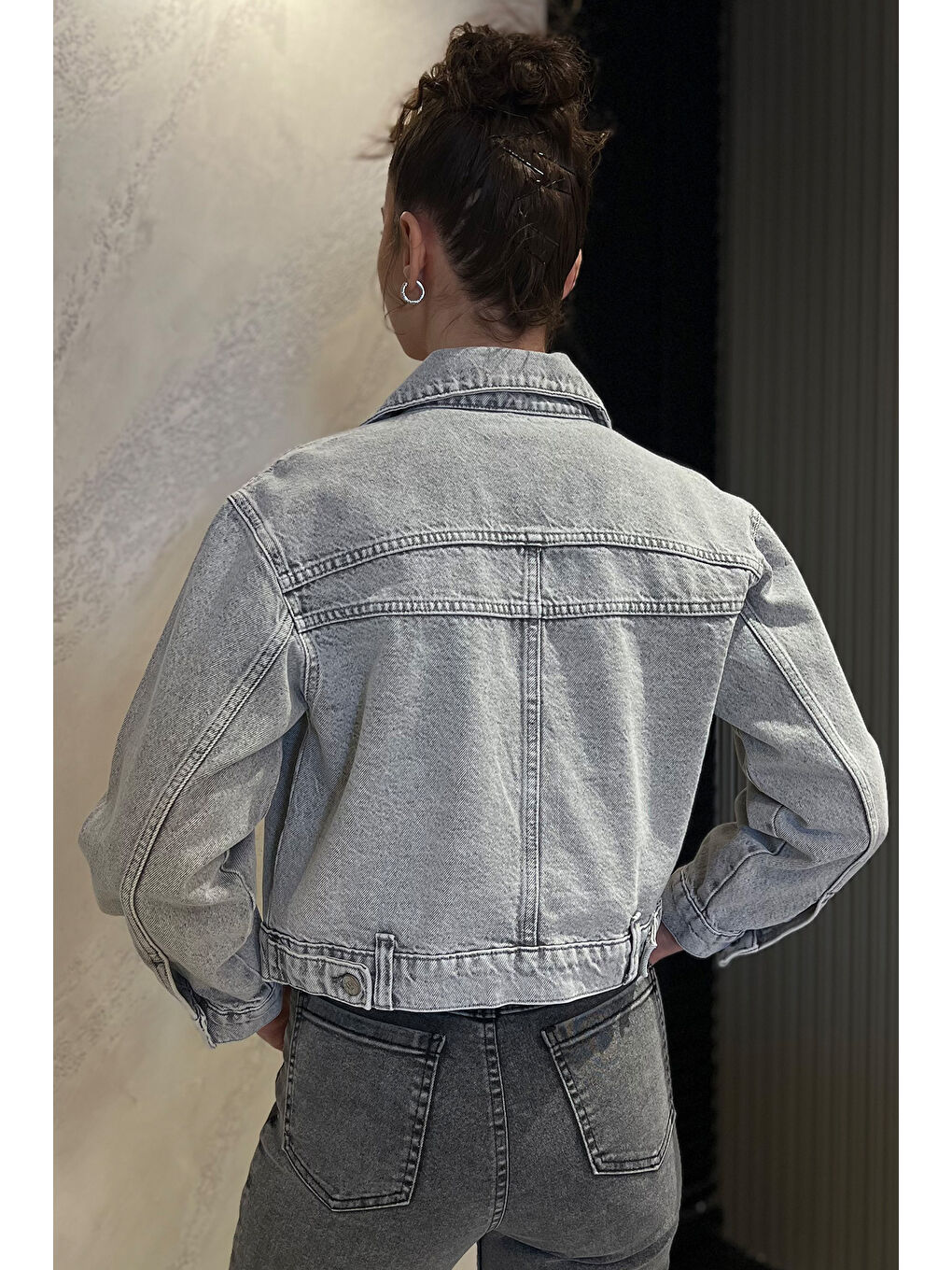 Gri Kadın Slim Fit Jean Ceket-3