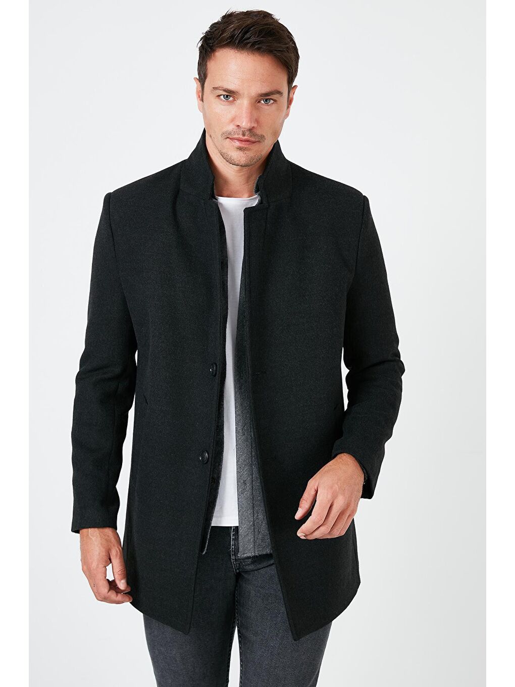 Gri Tek Yırtmaçlı Düğmeli Dik Yaka Kaşe Kaban 5840110-1