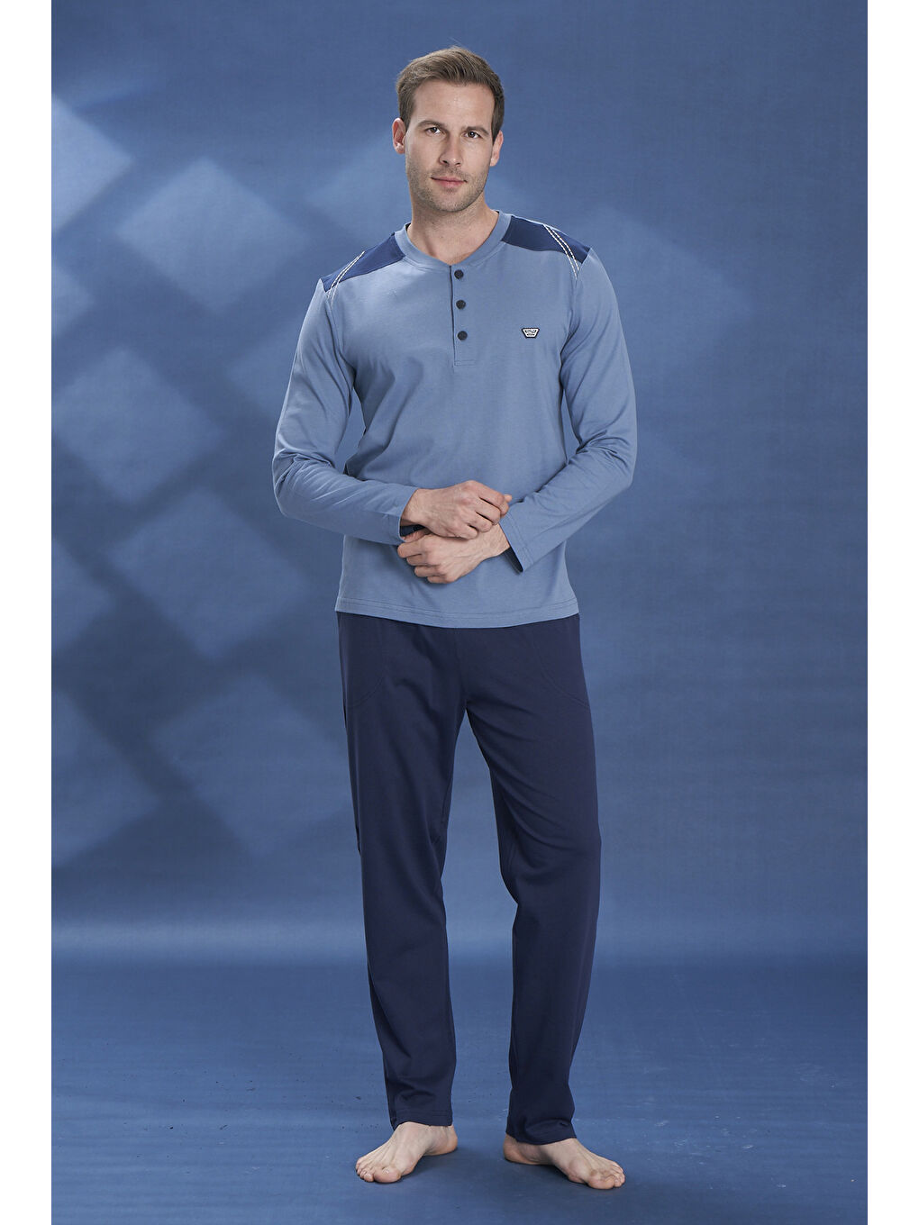 Büyük Beden Erkek Penye Uzun Kol Pijama Takımı 2104 İndigo-3