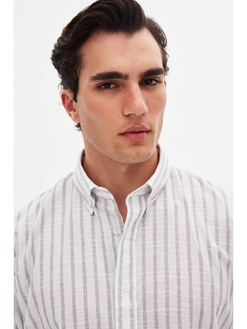 Ds Damat Slim Fit Gri Çizgili %100 Pamuk Yazlık Keten Gömlek-2