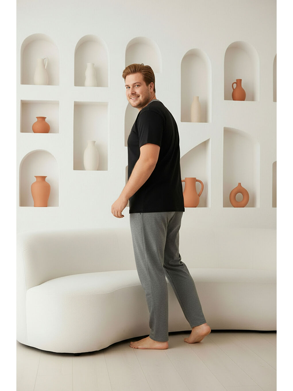 Siyah %100 Pamuklu Yakası Düğmeli Kısa Kollu Cepli Büyük Beden Erkek Pijama Takımı 2009-4