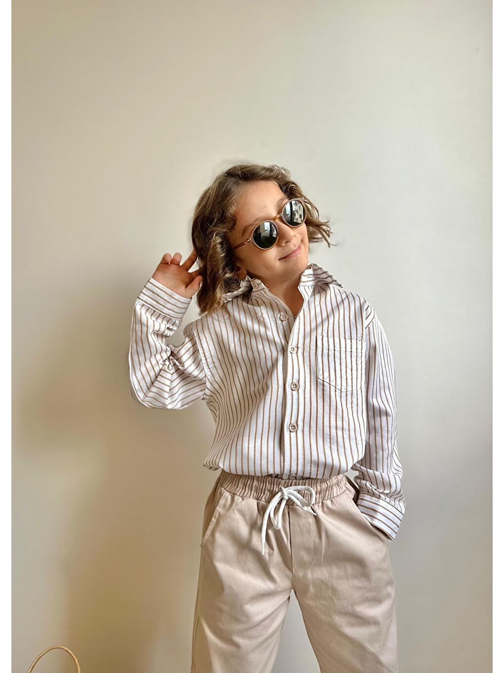 Bej Erkek Çocuk Gabardin Pantalon ve Gömlek Alt Üst Takım-1