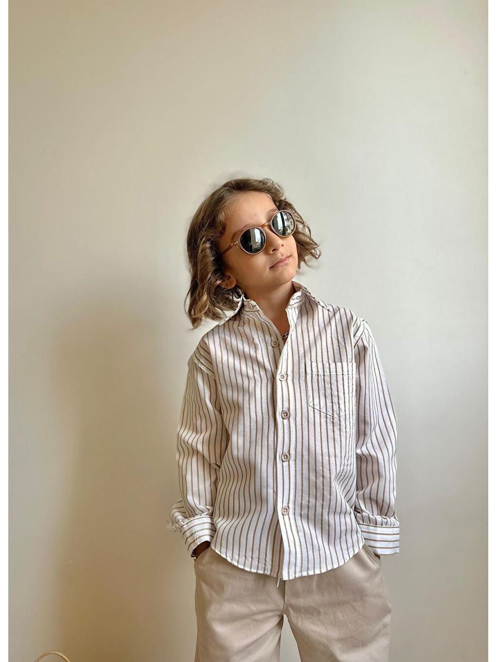 Bej Erkek Çocuk Gabardin Pantalon ve Gömlek Alt Üst Takım-2