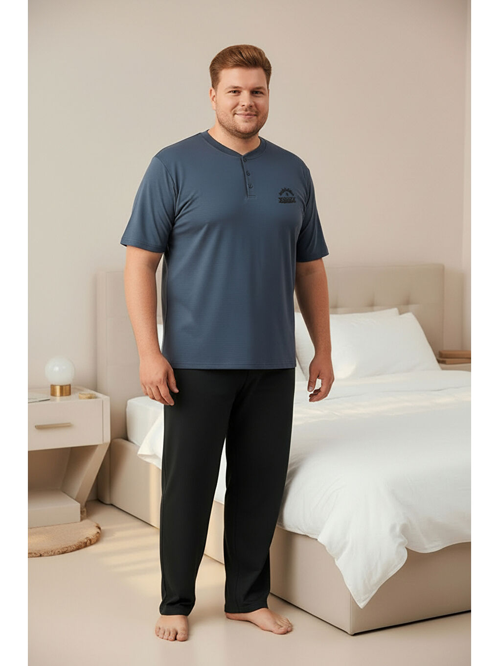 İndigo %100 Pamuklu Yakası Düğmeli Kısa Kollu Cepli Büyük Beden Erkek Pijama Takımı 2009-1