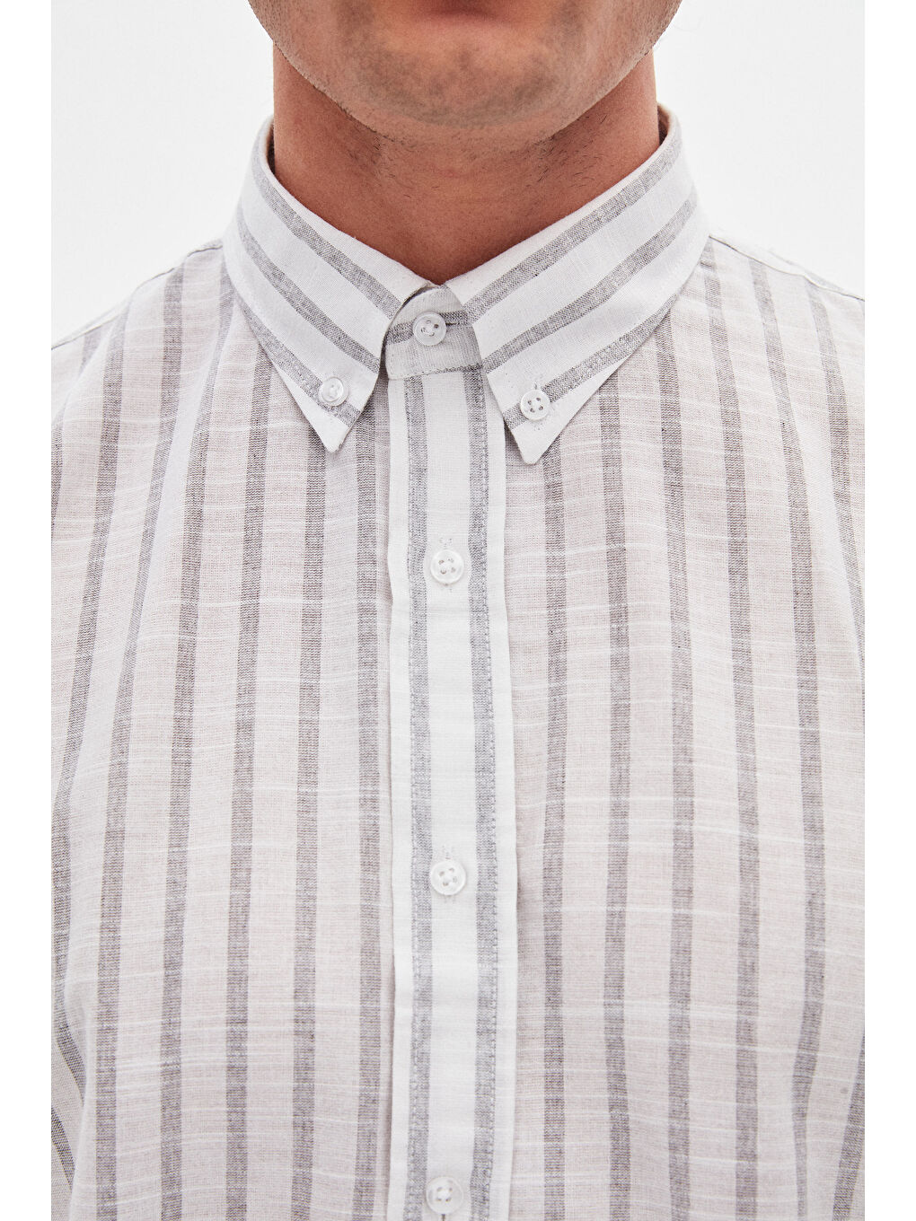 Ds Damat Slim Fit Gri Çizgili %100 Pamuk Yazlık Keten Gömlek-3