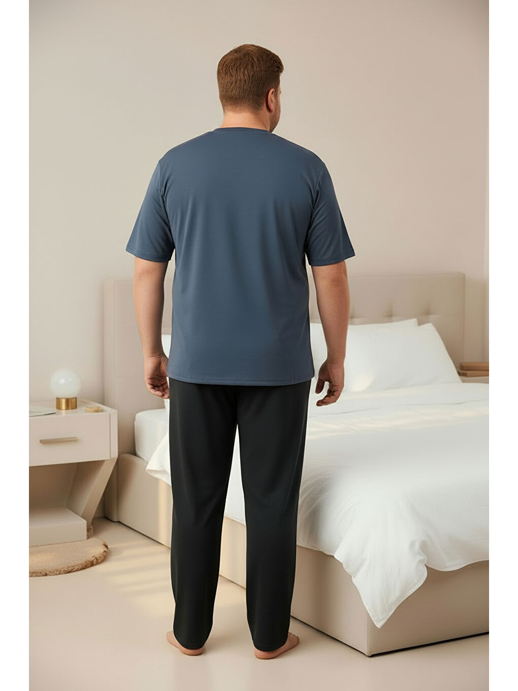 İndigo %100 Pamuklu Yakası Düğmeli Kısa Kollu Cepli Büyük Beden Erkek Pijama Takımı 2009-4