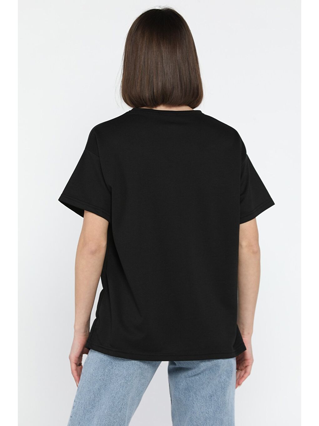 Siyah Kadın Bisiklet Yaka Basic Tişört-2