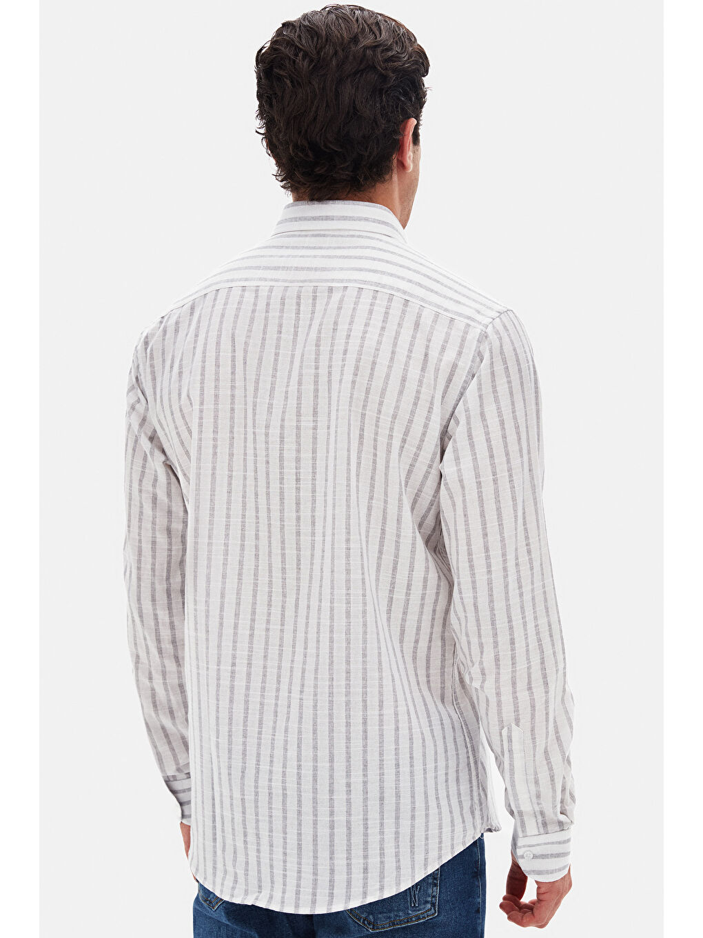 Ds Damat Slim Fit Gri Çizgili %100 Pamuk Yazlık Keten Gömlek-5