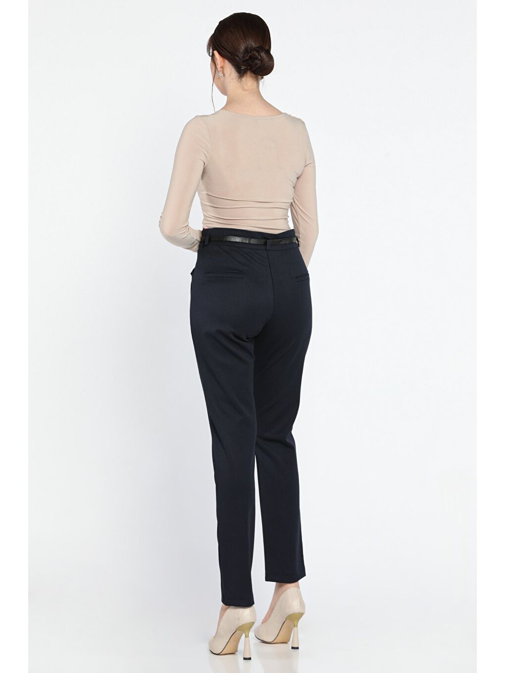 Lacivert Büyük Beden Kadın Kemerli Kumaş Pantolon-2