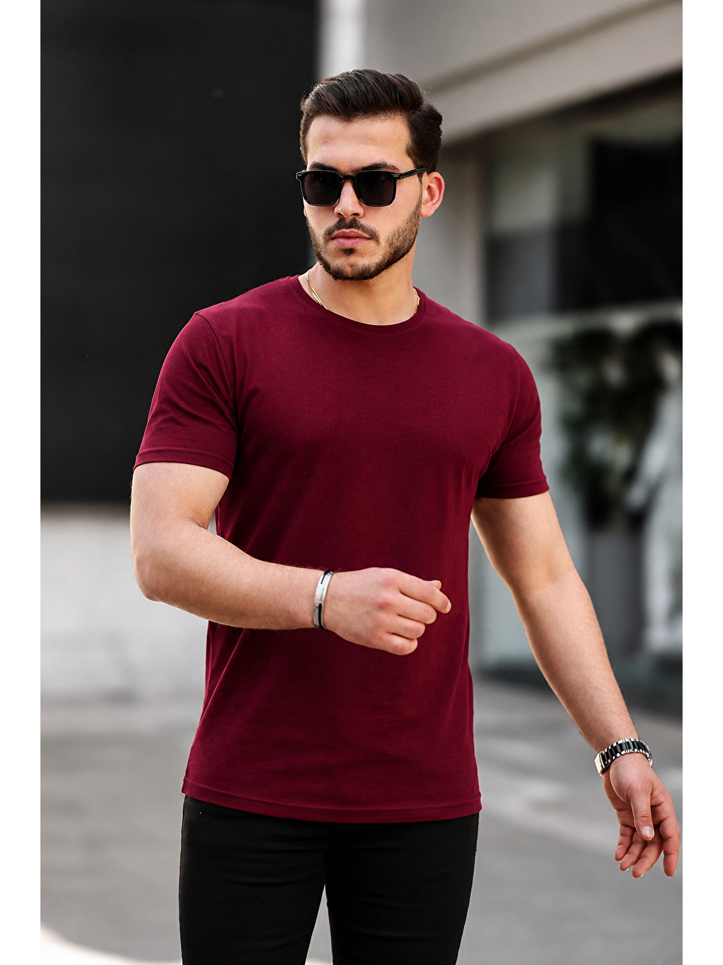 Erkek Basic Bisiklet Yaka Kısa Kollu Dar Bordo Tişört