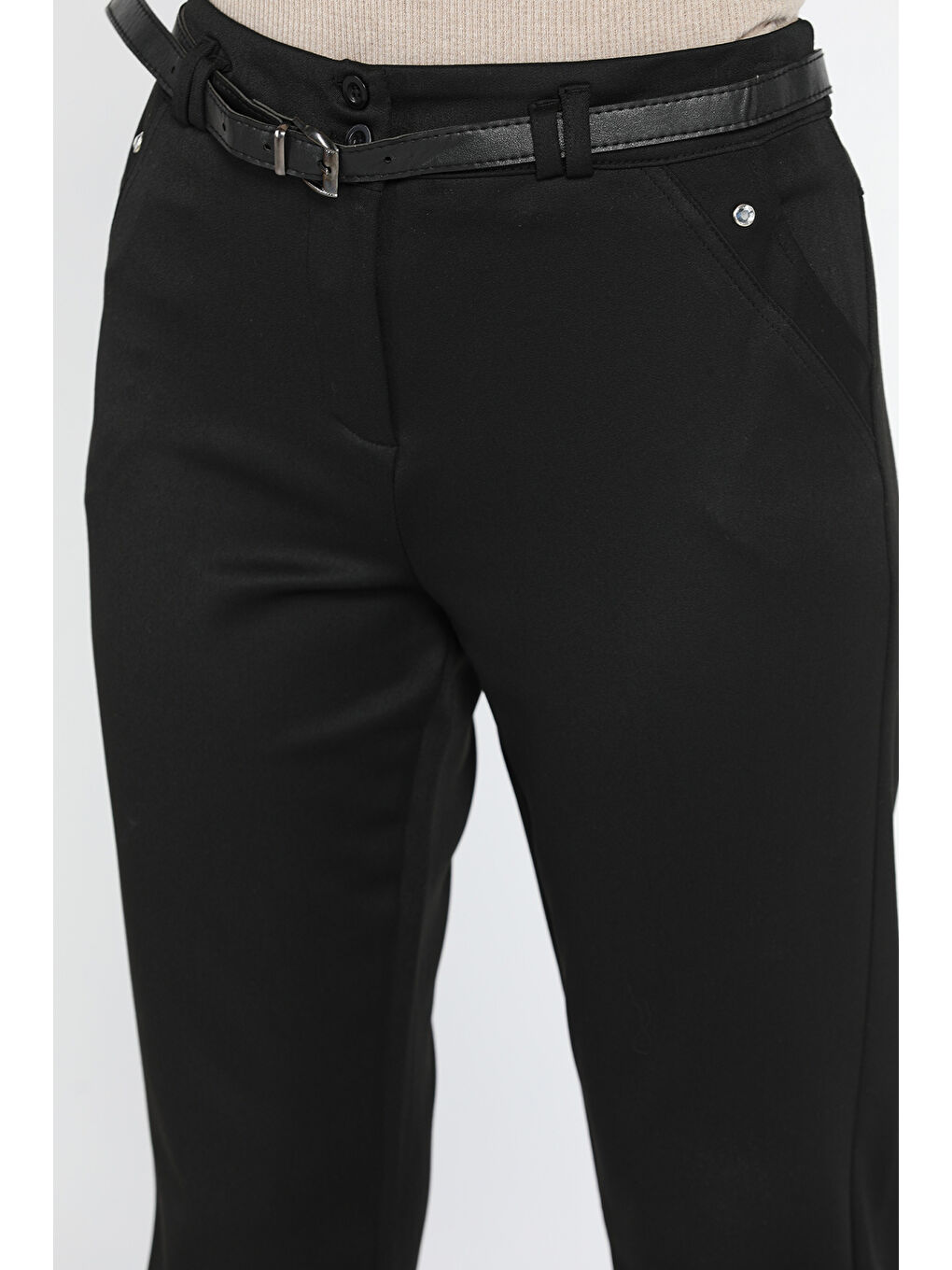 Siyah Büyük Beden Taş Detaylı Kemerli Kadın Kumaş Pantolon-2