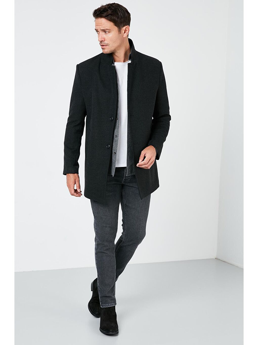 Gri Tek Yırtmaçlı Düğmeli Dik Yaka Kaşe Kaban 5840110-3