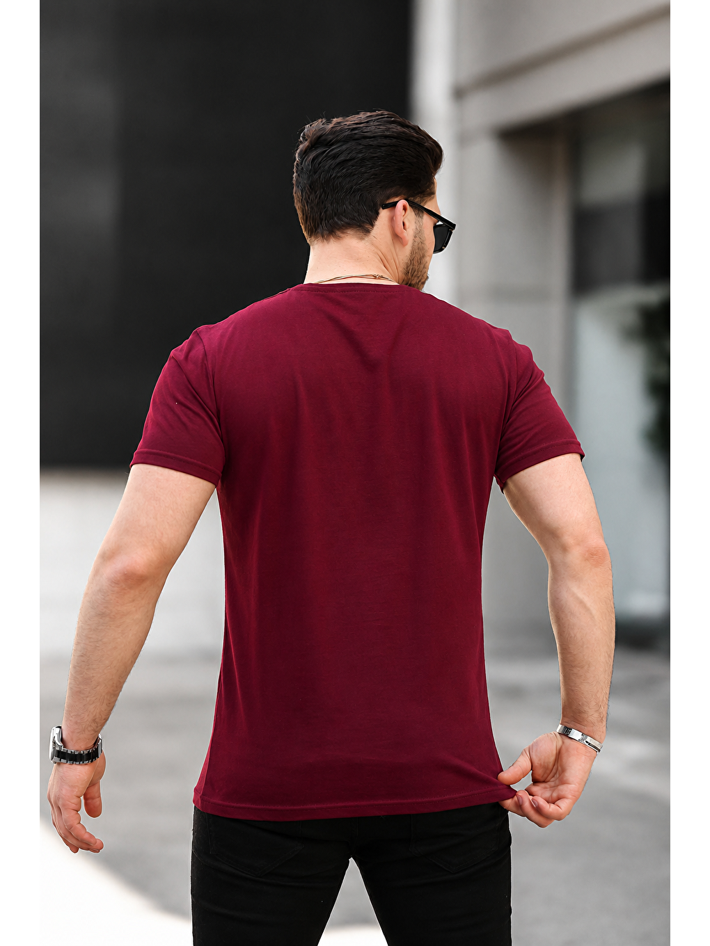 Erkek Basic Bisiklet Yaka Kısa Kollu Dar Bordo Tişört-2