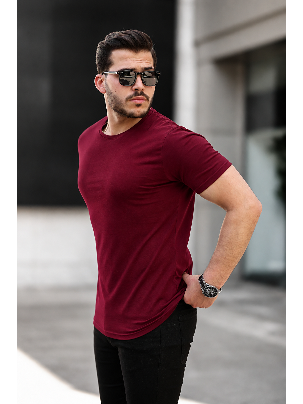 Erkek Basic Bisiklet Yaka Kısa Kollu Dar Bordo Tişört-4