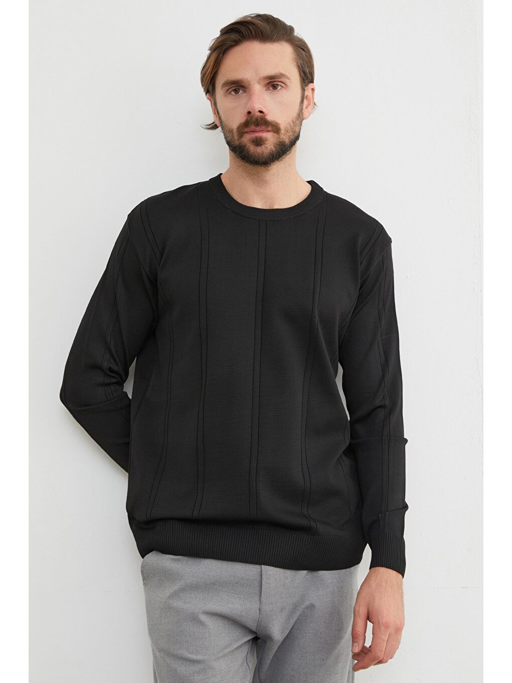 Siyah Şeritli Bisiklet Yaka Triko Kazak