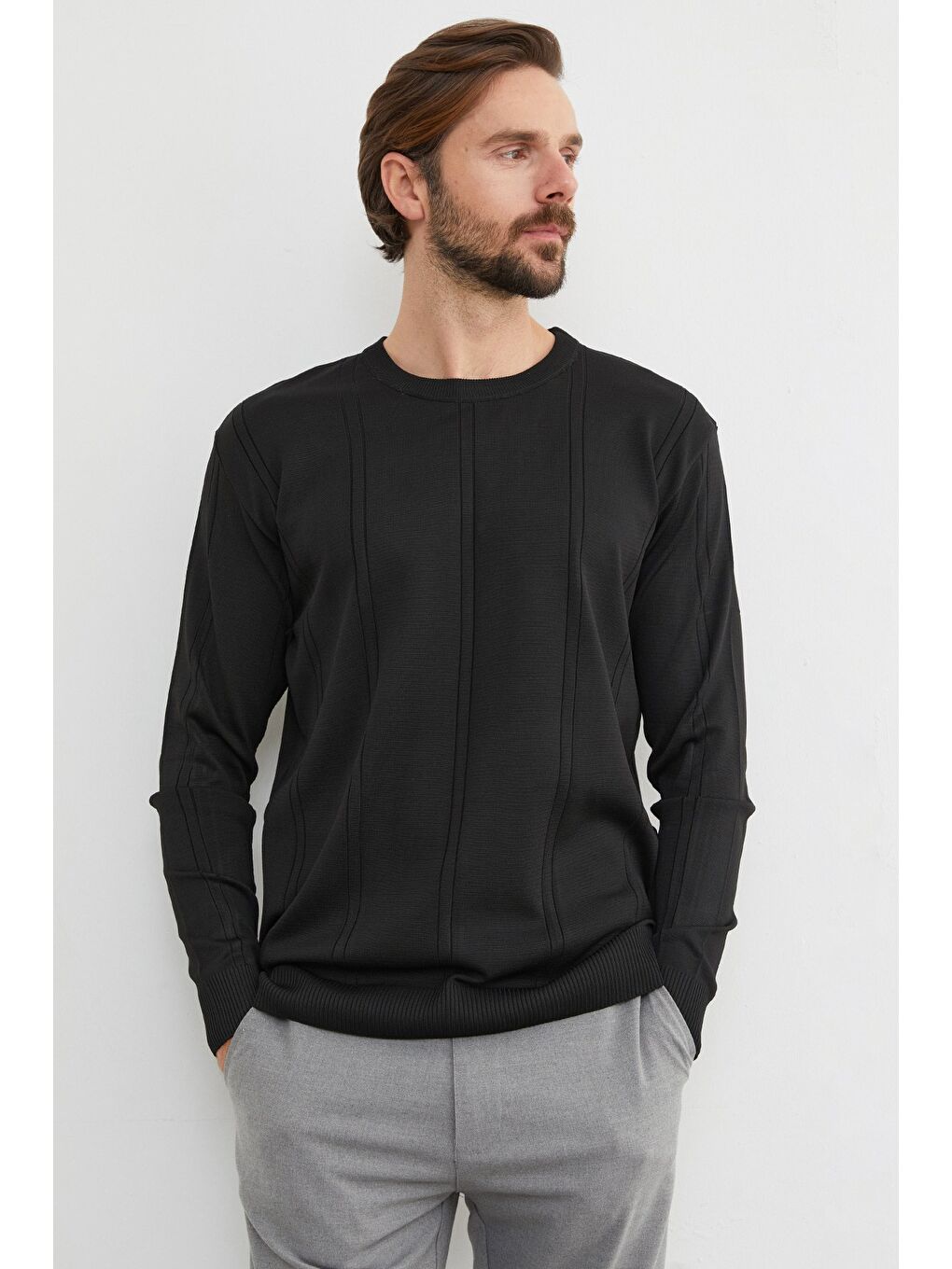 Siyah Şeritli Bisiklet Yaka Triko Kazak-1