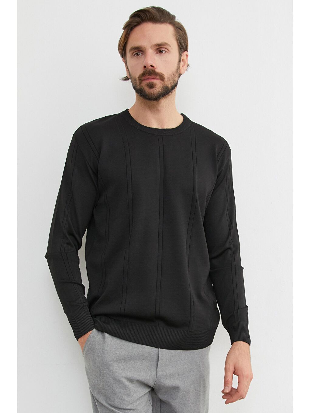 Siyah Şeritli Bisiklet Yaka Triko Kazak-2