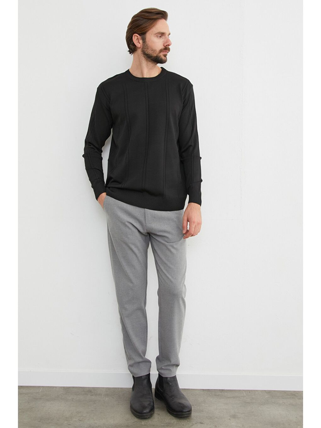 Siyah Şeritli Bisiklet Yaka Triko Kazak-3