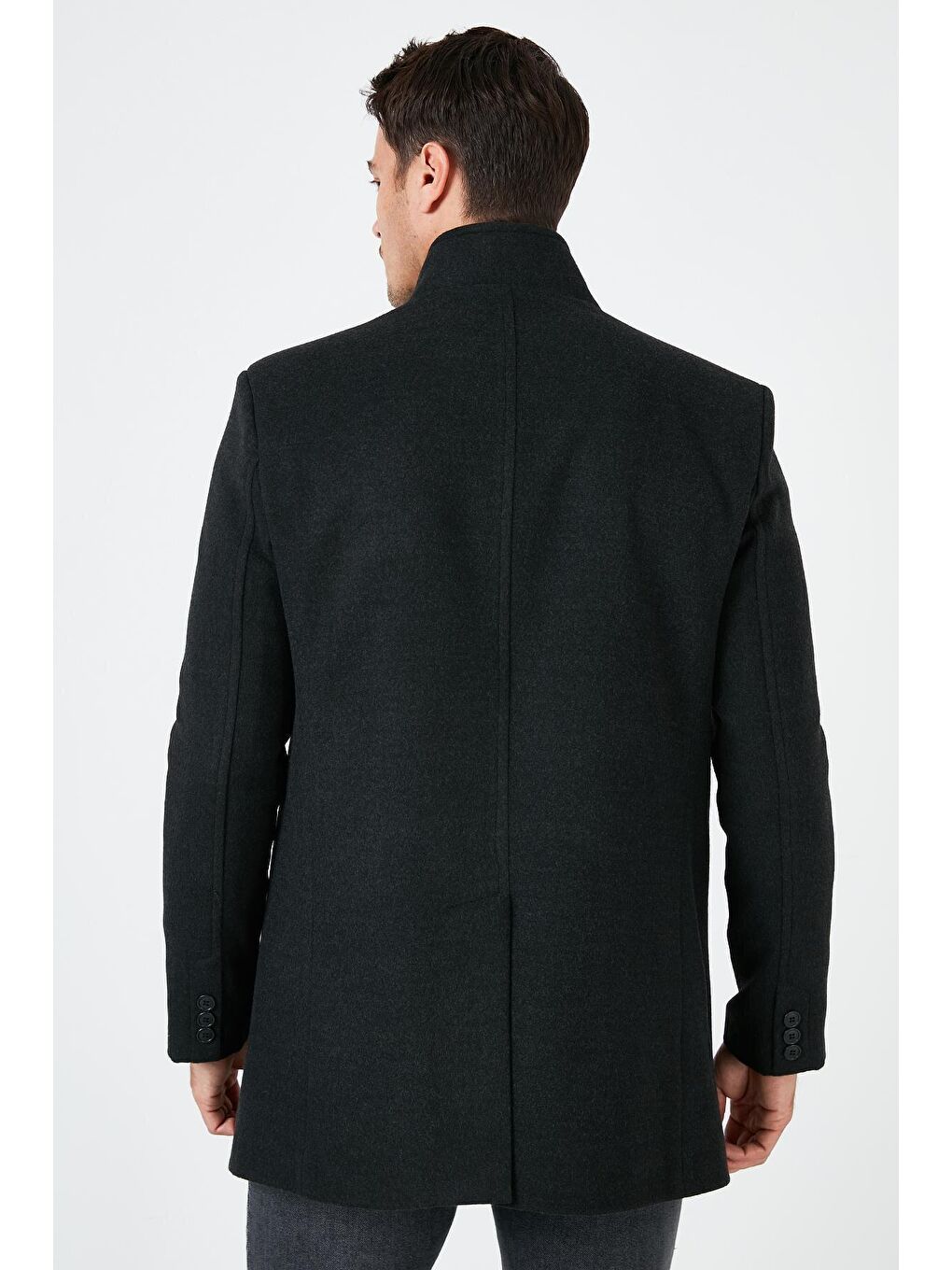 Gri Tek Yırtmaçlı Düğmeli Dik Yaka Kaşe Kaban 5840110-4