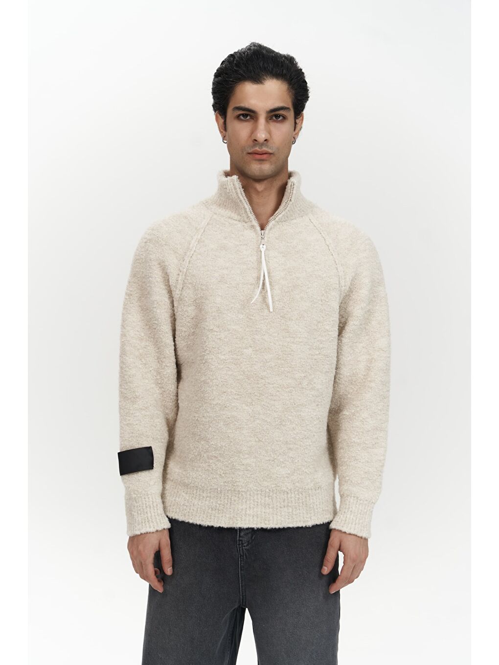 Zane Fermuar Detay Bej Erkek Triko Kazak-1