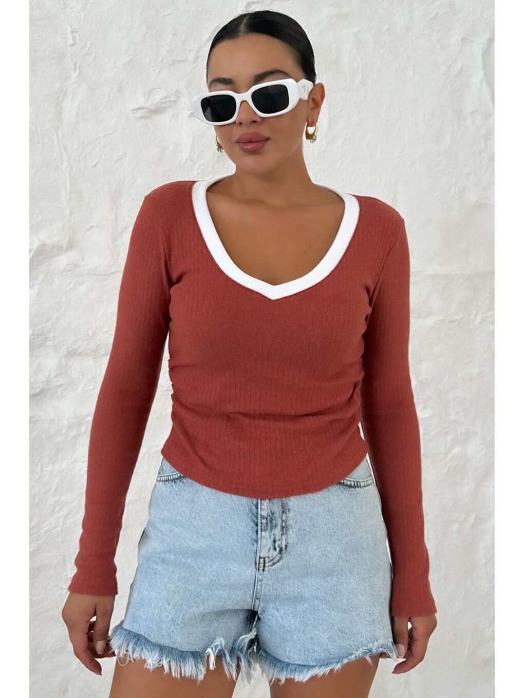 Turuncu Kadın Kiremit V Yakalı Biyeli Uzun Kollu İnterlok Bluz-1