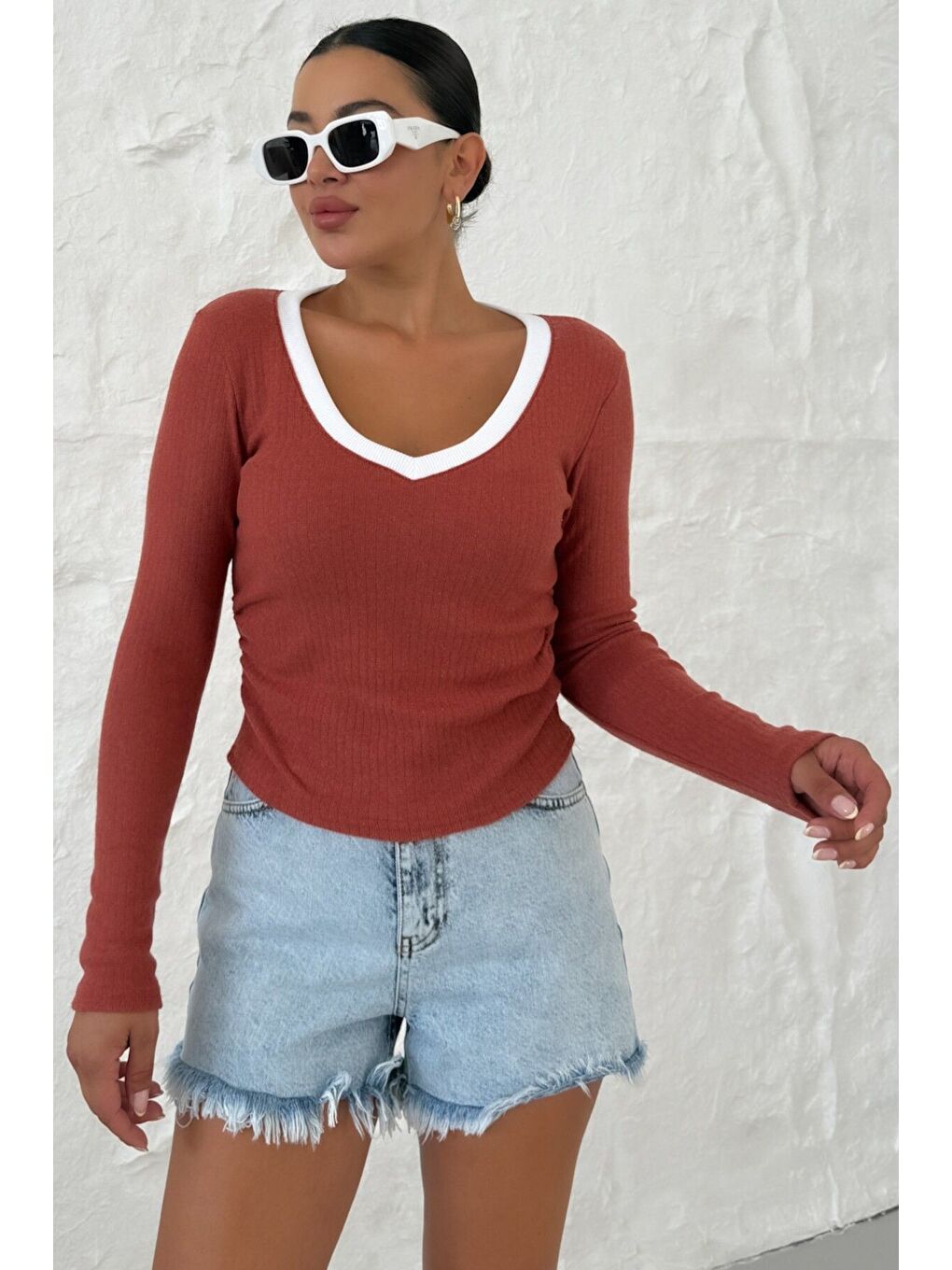 Turuncu Kadın Kiremit V Yakalı Biyeli Uzun Kollu İnterlok Bluz-2
