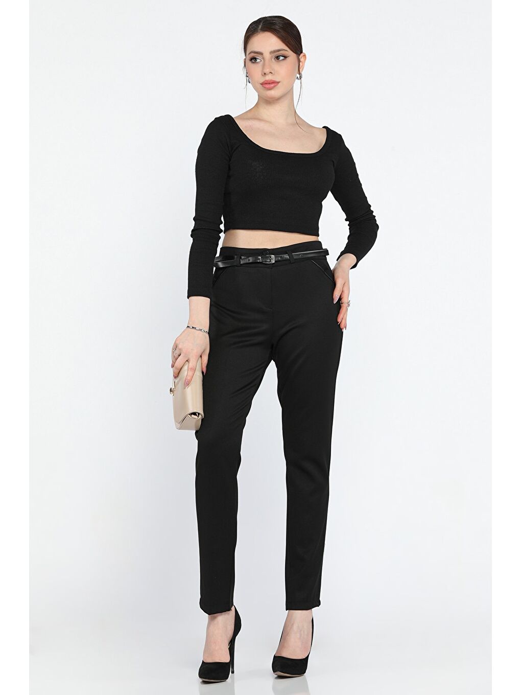 Siyah Büyük Beden Kadın Kemerli Kumaş Pantolon-1