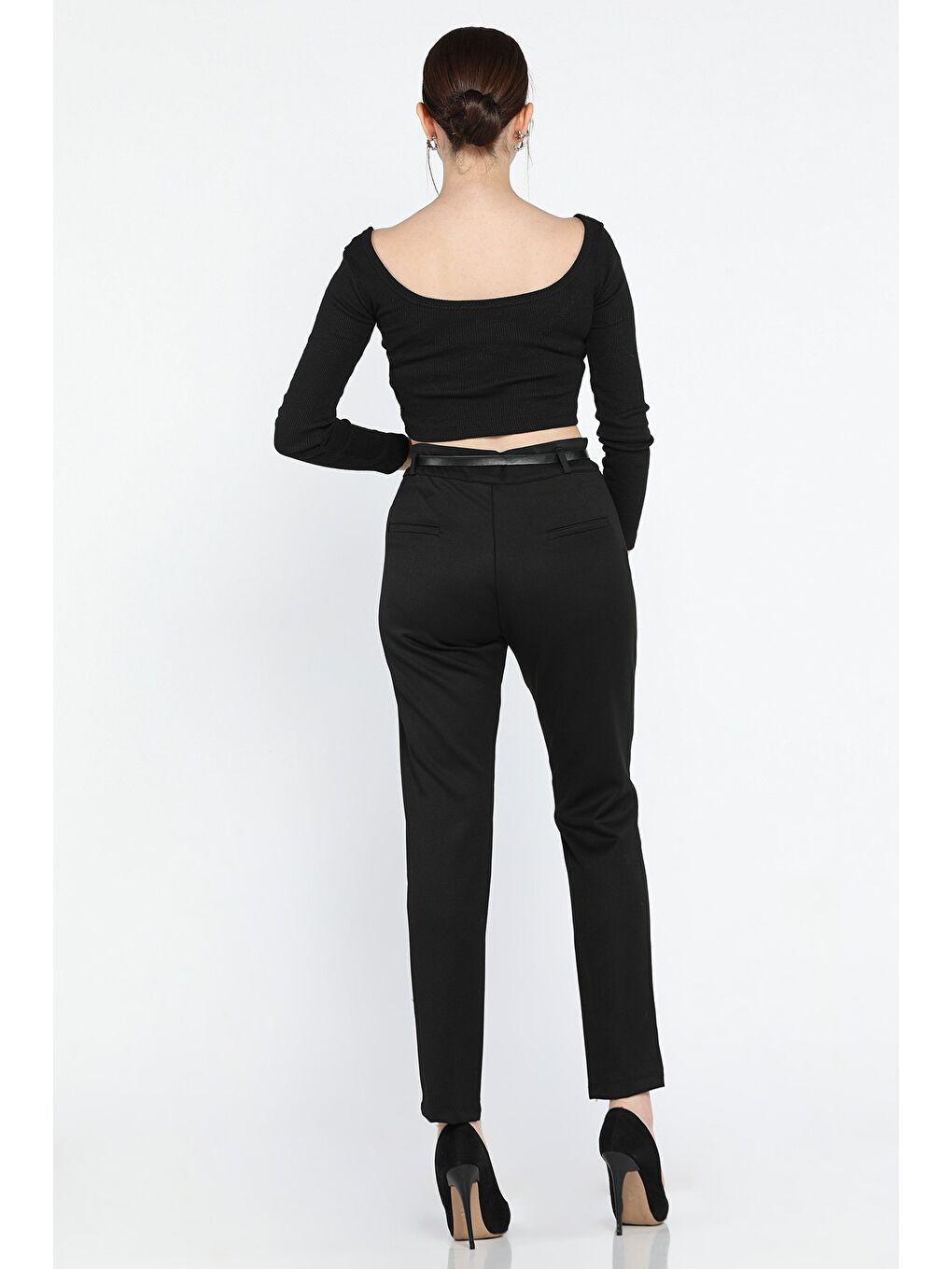 Siyah Büyük Beden Kadın Kemerli Kumaş Pantolon-2