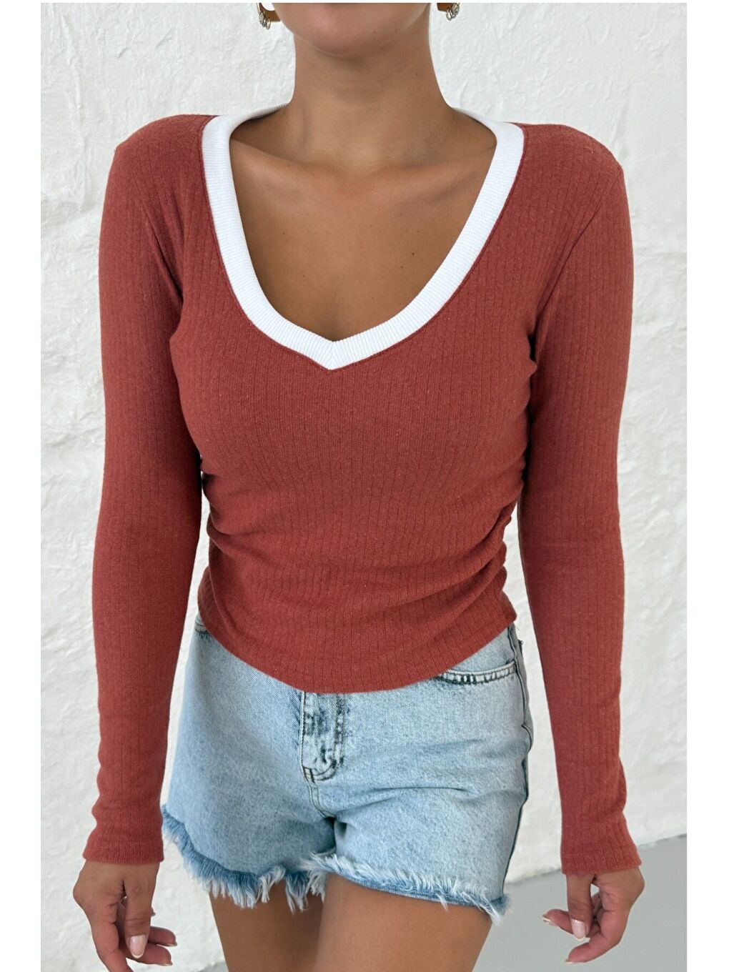 Turuncu Kadın Kiremit V Yakalı Biyeli Uzun Kollu İnterlok Bluz-3