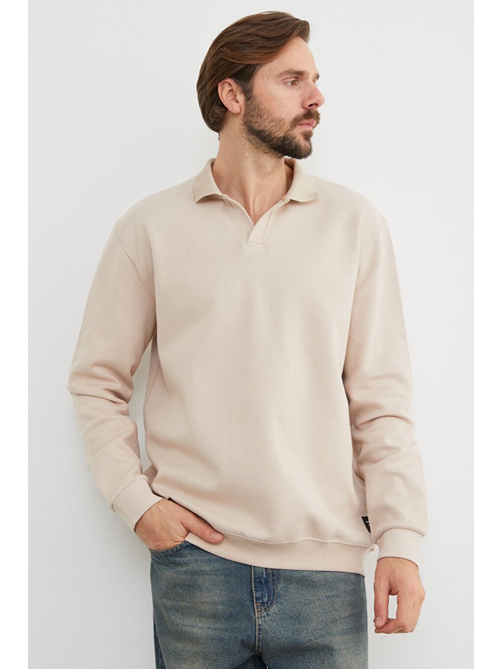 Bej Basic Polo Yaka Pike Büyük Beden Sweatshirt-2