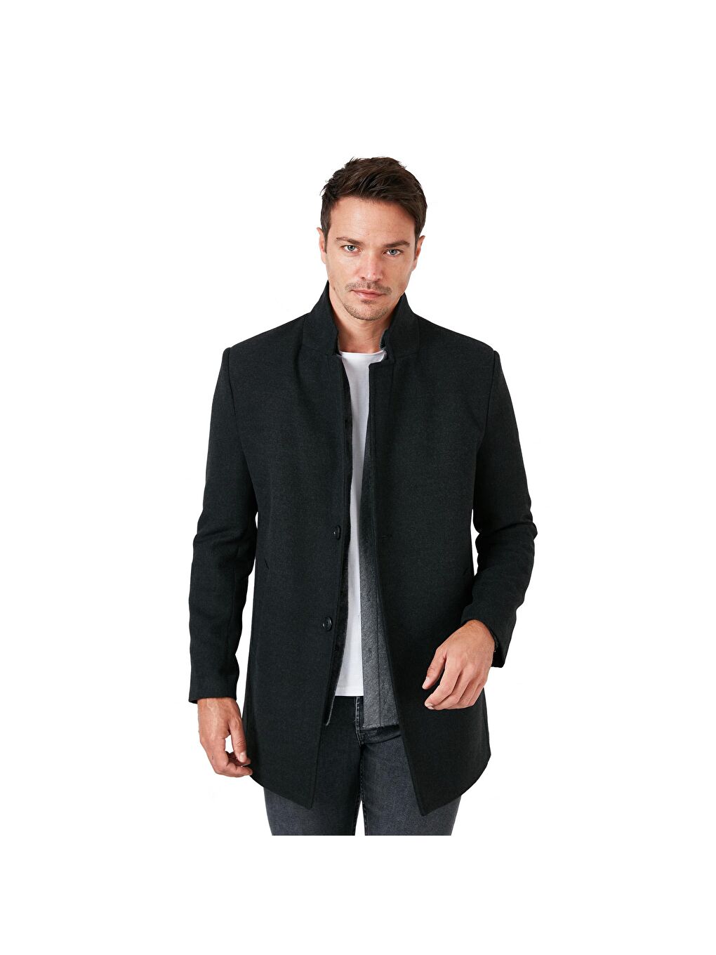 Gri Tek Yırtmaçlı Düğmeli Dik Yaka Kaşe Kaban 5840110-6