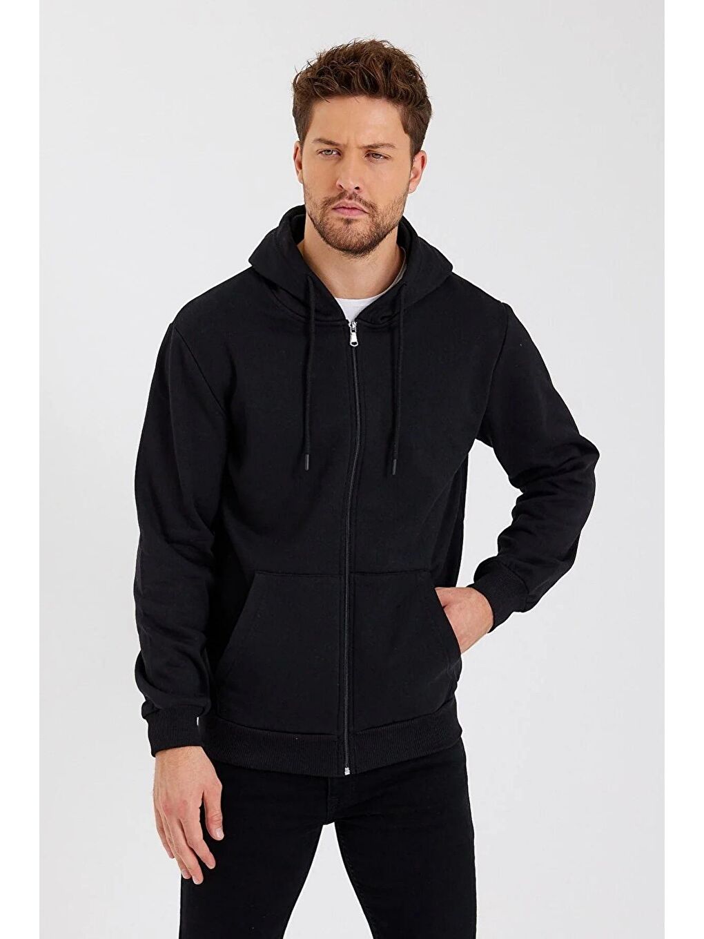 Siyah Kapüşonlu Regular Fit Hırka Düz Paça Erkek Eşofman Takımı-4
