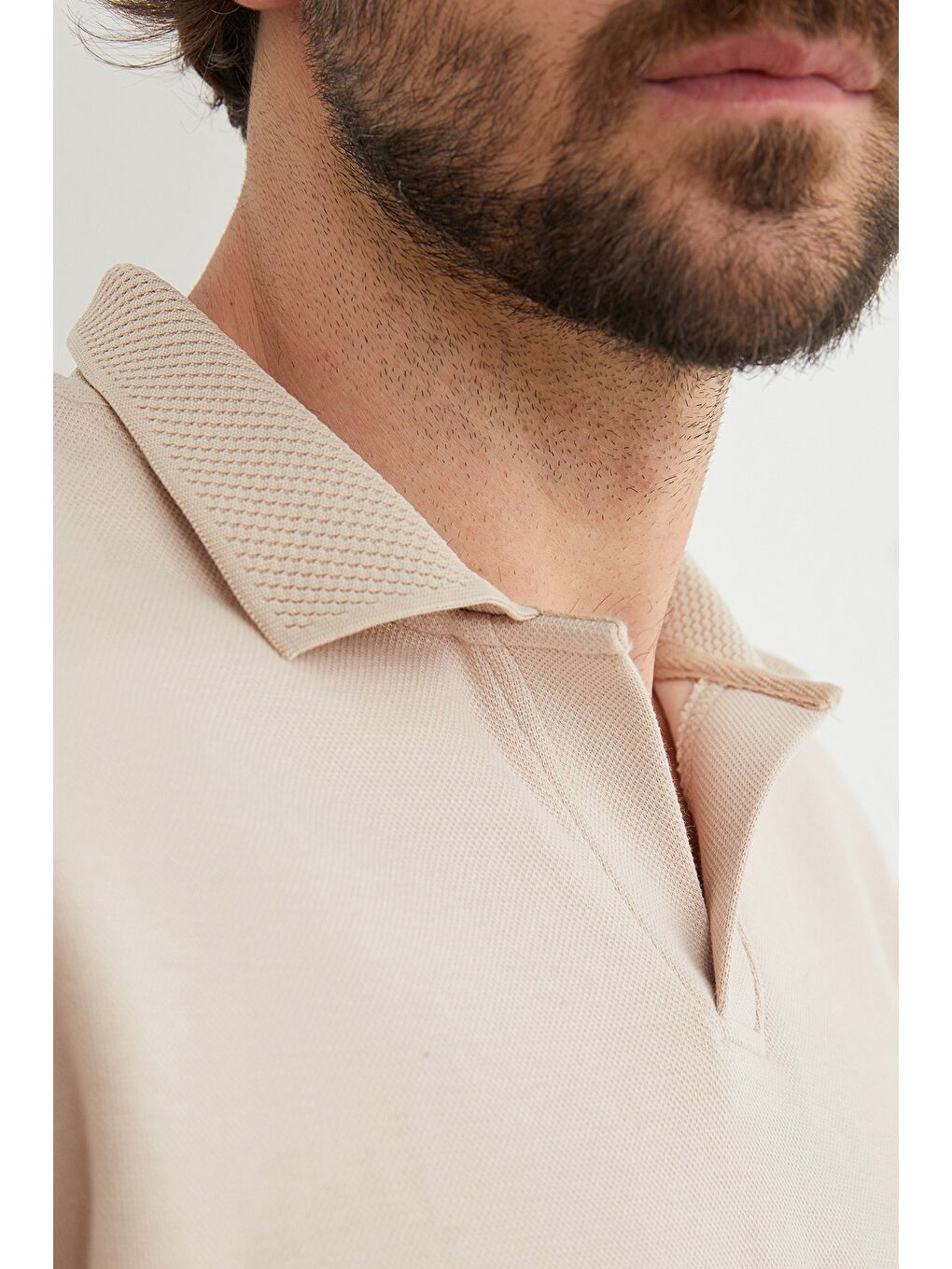 Bej Basic Polo Yaka Pike Büyük Beden Sweatshirt-4