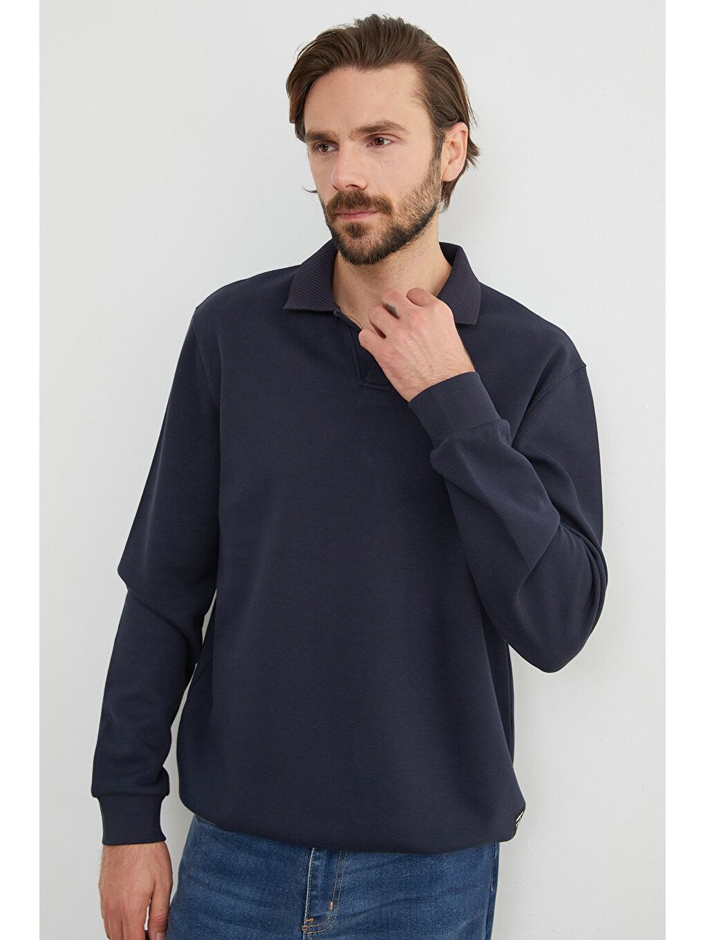 Lacivert Basic Polo Yaka Pike Büyük Beden Sweatshirt